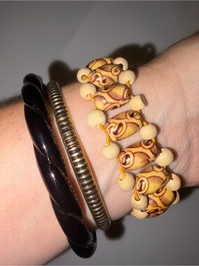 3pc Boho Bracelet Stack Wood Bead Black Bangle Brass Tone Earthy Tribal Style